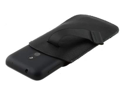 Synthetic Leather Slide-in Case with Pull-out Strap for Nokia Lumia 620 - Classic Black