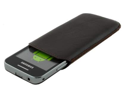 Genuine Leather Slide-in Case with Pull-out Strap for Samsung Galaxy Ace S5830 - Dark Brown
