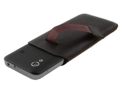 Genuine Leather Slide-in Case with Pull-out Strap for Samsung Galaxy Ace S5830 - Dark Brown