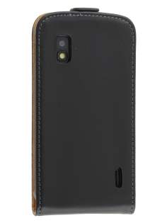 Slim Genuine Leather Flip Case for LG Nexus 4 E960 - Classic Black Leather Flip Case