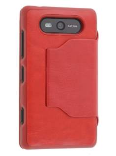 Fabric Flip Cover with built-in Stand for Nokia Lumia 820 - Red Leather Wallet Case