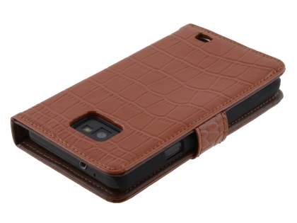 TS-CASE Crocodile Pattern Genuine Leather Wallet Case for Samsung I9100 Galaxy S II - Brown