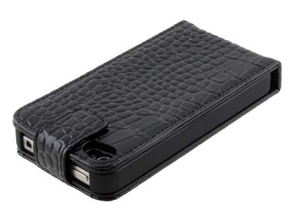 TS-CASE Crocodile Pattern Genuine Leather Flip Case for iPhone 4S/4 - Classic Black