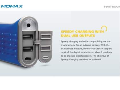 MOMAX iPower Tough Impact & Splash Resistant External Battery Pack with Dual USB Outputs for Samsung - Blue