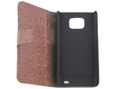 Samsung I9100 Galaxy S2 Synthetic Crocodile Skin leather Wallet Case with Stand - Brown