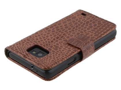 Samsung I9100 Galaxy S2 Synthetic Crocodile Skin leather Wallet Case with Stand - Brown