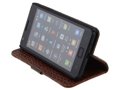 Samsung I9100 Galaxy S2 Synthetic Crocodile Skin leather Wallet Case with Stand - Brown