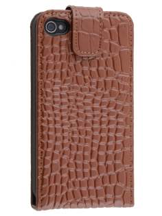 TS-CASE Crocodile Pattern Genuine Leather Flip Case for iPhone 4S/4 - Brown Leather Flip Case