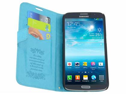 Synthetic Leather Wallet Case with Stand for Samsung Galaxy Mega 6.3 I9200 - Aqua Blue