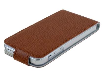 Slim Textured Genuine Leather Flip Case for iPhone SE(1st Gen)/5s/5 - Brown