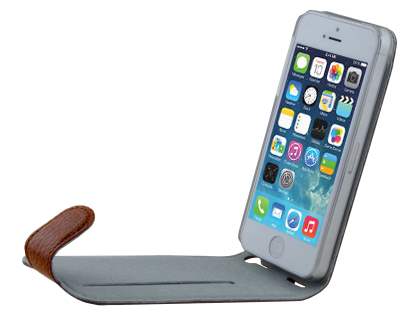 Slim Textured Genuine Leather Flip Case for iPhone SE(1st Gen)/5s/5 - Brown