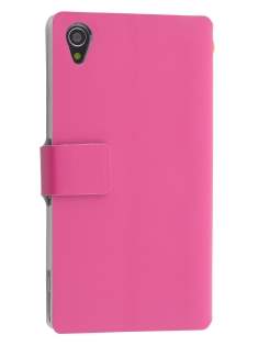 Slim Genuine Leather Portfolio Case with Stand for Sony Xperia Z1 - Pink Leather Wallet Case