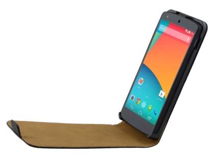Slim Genuine Leather Flip Case for LG Google Nexus 5 - Classic Black