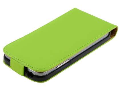Slim Genuine Leather Flip Case for Samsung Galaxy S4 mini - Lime Green