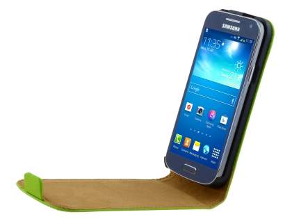 Slim Genuine Leather Flip Case for Samsung Galaxy S4 mini - Lime Green