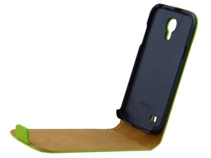Slim Genuine Leather Flip Case for Samsung Galaxy S4 mini - Lime Green