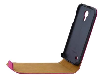 Slim Genuine Leather Flip Case for Samsung Galaxy S4 mini - Hot Pink