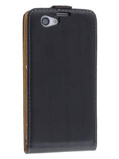 Slim Genuine Leather Flip Case for Sony Xperia Z1 Compact - Classic Black Leather Flip Case