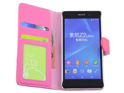 Synthetic Leather Wallet Case with Stand for Sony Xperia Z2 - Hot Pink
