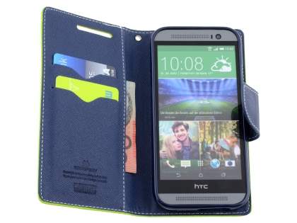 Mercury Goospery Colour Fancy Diary Case with Stand for HTC One M8 - Lime/Navy