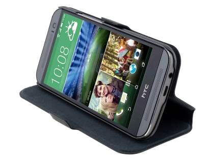 Slim Genuine Leather Portfolio Case for HTC One M8 - Classic Black
