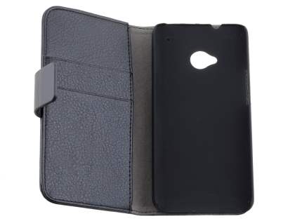 HTC One M7 Slim Synthetic Leather Wallet Case with Stand - Classic Black