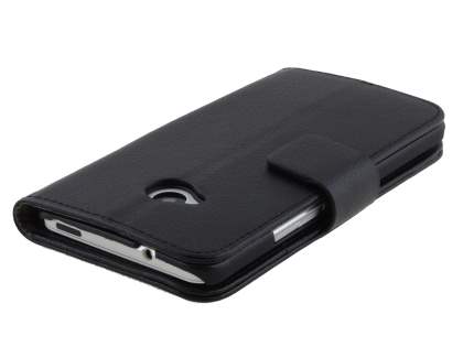 HTC One M7 Slim Synthetic Leather Wallet Case with Stand - Classic Black
