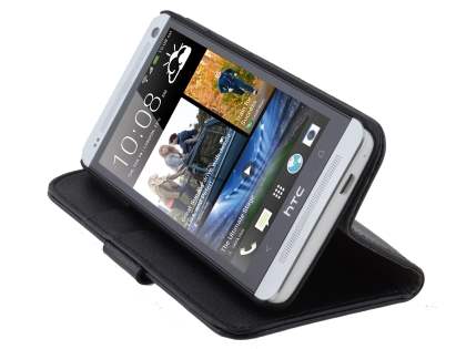 HTC One M7 Slim Synthetic Leather Wallet Case with Stand - Classic Black