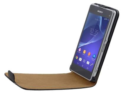 Slim Genuine Leather Flip Case for Sony Xperia Z1 Compact - Classic Black