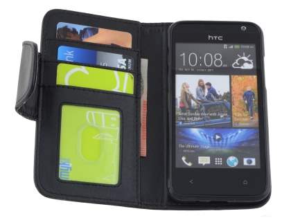 HTC Desire 300 Synthetic Leather Wallet Case with Stand - Classic Black