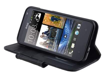 HTC Desire 300 Synthetic Leather Wallet Case with Stand - Classic Black