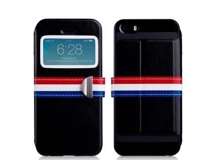 Momax French Style Flip View Case for iPhone SE(1st Gen)/5s/5 - Classic Black Leather Wallet Case