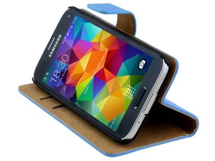 Genuine Leather Wallet Case with Stand for Samsung Galaxy S5 mini - Sky Blue