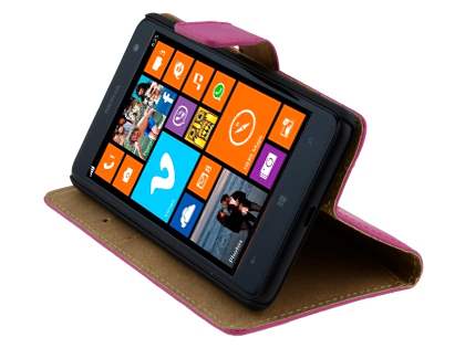 Genuine Leather Wallet Case with Stand for Nokia Lumia 625 - Hot Pink
