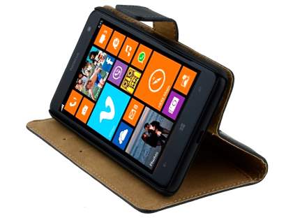 Genuine Leather Wallet Case with Stand for Nokia Lumia 625 - Classic Black