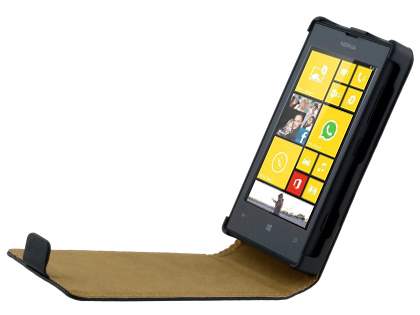 Nokia Lumia 520 Slim Genuine Leather Flip Case - Classic Black