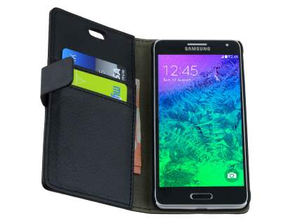 Synthetic Leather Wallet Case with Stand for Samsung Galaxy Alpha - Classic Black