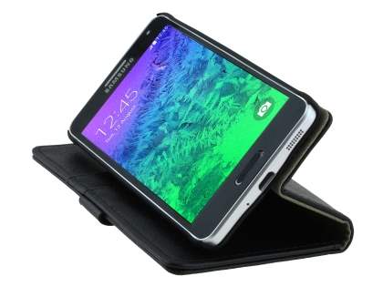 Synthetic Leather Wallet Case with Stand for Samsung Galaxy Alpha - Classic Black