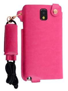 Ultra Slim Synthetic Leather Pouch with Strap for Samsung Galaxy Note 3 - Hot Pink Leather Slide-in Case