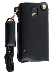 Ultra Slim Synthetic Leather Pouch with Strap for Samsung Galaxy S5 - Classic Black Leather Slide-in Case
