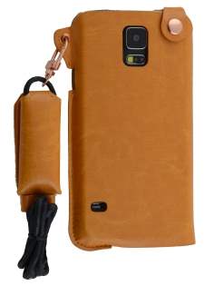 Ultra Slim Synthetic Leather Pouch with Strap for Samsung Galaxy S5 - Caramel Leather Slide-in Case