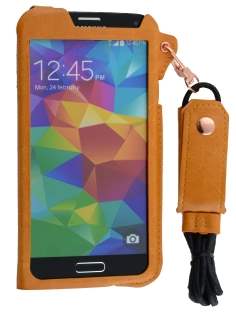 Ultra Slim Synthetic Leather Pouch with Strap for Samsung Galaxy S5 - Caramel