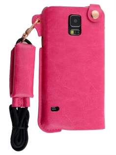Ultra Slim Synthetic Leather Pouch with Strap for Samsung Galaxy S5 - Hot Pink Leather Slide-in Case