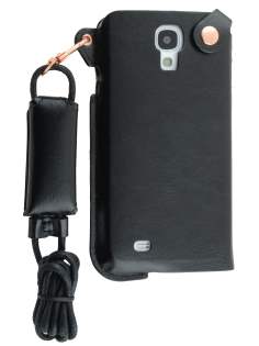 Ultra Slim Synthetic Leather Pouch with Strap for Samsung Galaxy S4 - Classic Black Leather Slide-in Case