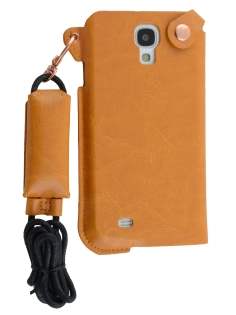 Ultra Slim Synthetic Leather Pouch with Strap for Samsung Galaxy S4 - Caramel Leather Slide-in Case