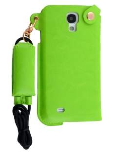 Ultra Slim Synthetic Leather Pouch with Strap for Samsung Galaxy S4 - Lime Green Leather Slide-in Case