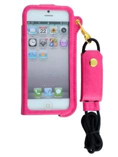 Ultra Slim Synthetic Leather Pouch with Strap for iPhone SE(1st Gen)/5s/5 - Hot Pink
