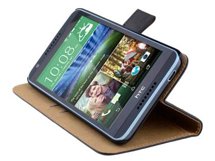 Genuine Leather Wallet Case with Stand for HTC Desire 820 - Classic Black