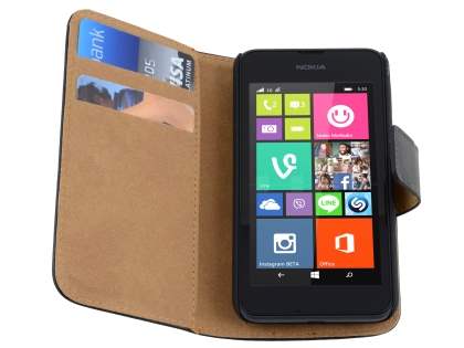 Nokia Lumia 530 Genuine Leather Wallet Case with Stand - Classic Black