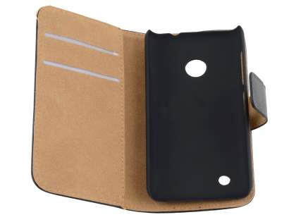 Nokia Lumia 530 Genuine Leather Wallet Case with Stand - Classic Black